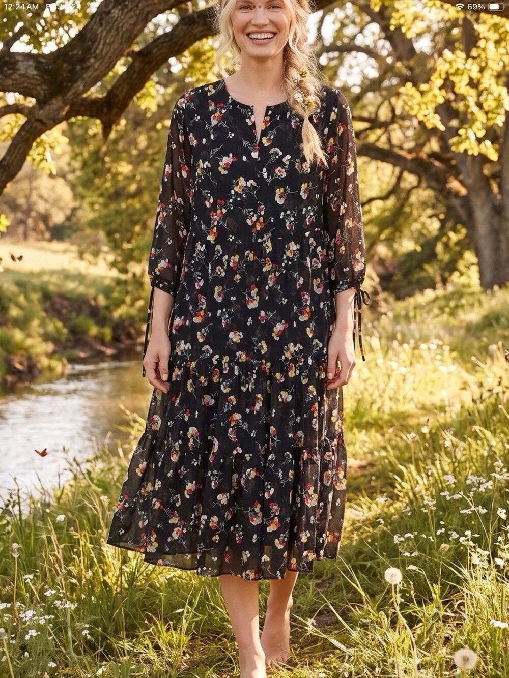 Madewell Black Floral Tiered Boho Dress Womens S Cottage Coastal Cowgirl Peasant